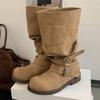 Eilyken Winter Punk Design Belt Buckle Knee High Boots Women Fashion Round Toe Square Heels Shoes Modern Booties  De Muje