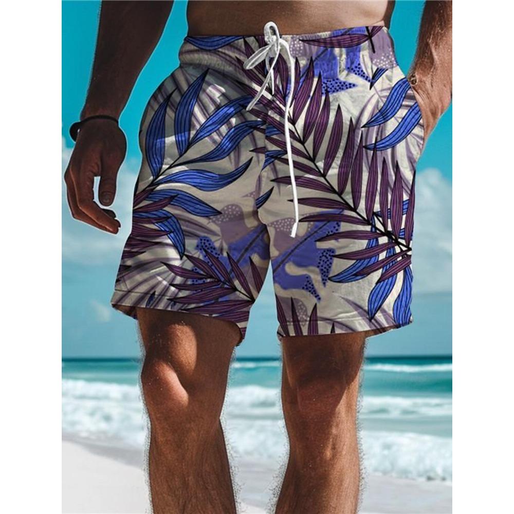 Leaf Tropical Men's Board Shorts Hawaiian Short 3D Printed Swim Trunks Elastic Drawstring Breathable Stretch Short Aloha Style
