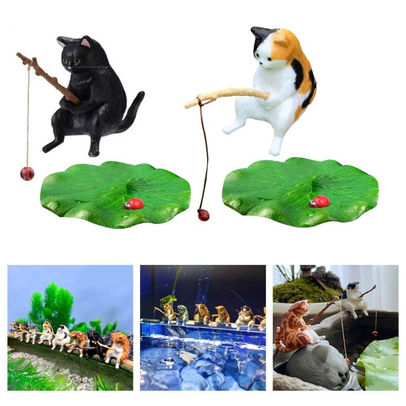 Funny Fishing Kitten for Aquarium Glass WallDecoration Landscaping Cute Kitten FishTank Cartoon Decors Statue Resin