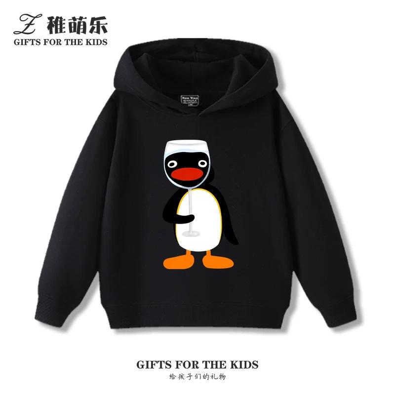 Kids' Fleece-Lined Hooded Sweatshirt with Fun Cartoon Penguin Print – Warm Pullover for Boys and Girls (Autumn/Winter)