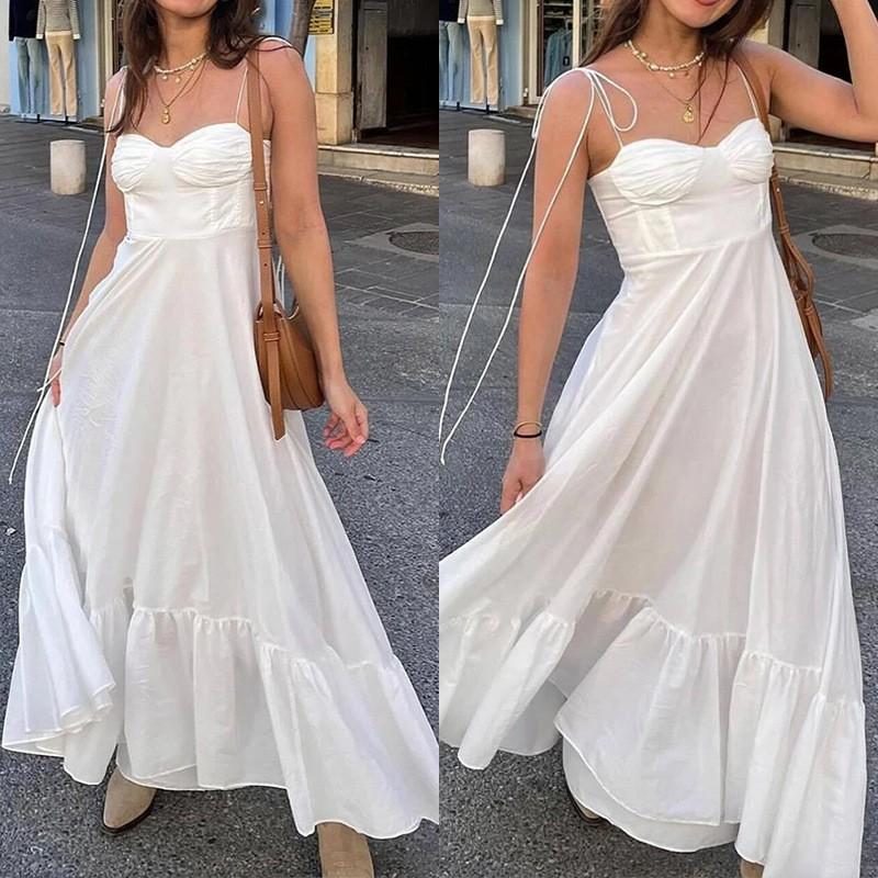 2026 Womens Solid Color High-Waisted Sleeveless V-Neck Maxi Dress A-Line Elegant Casual Long