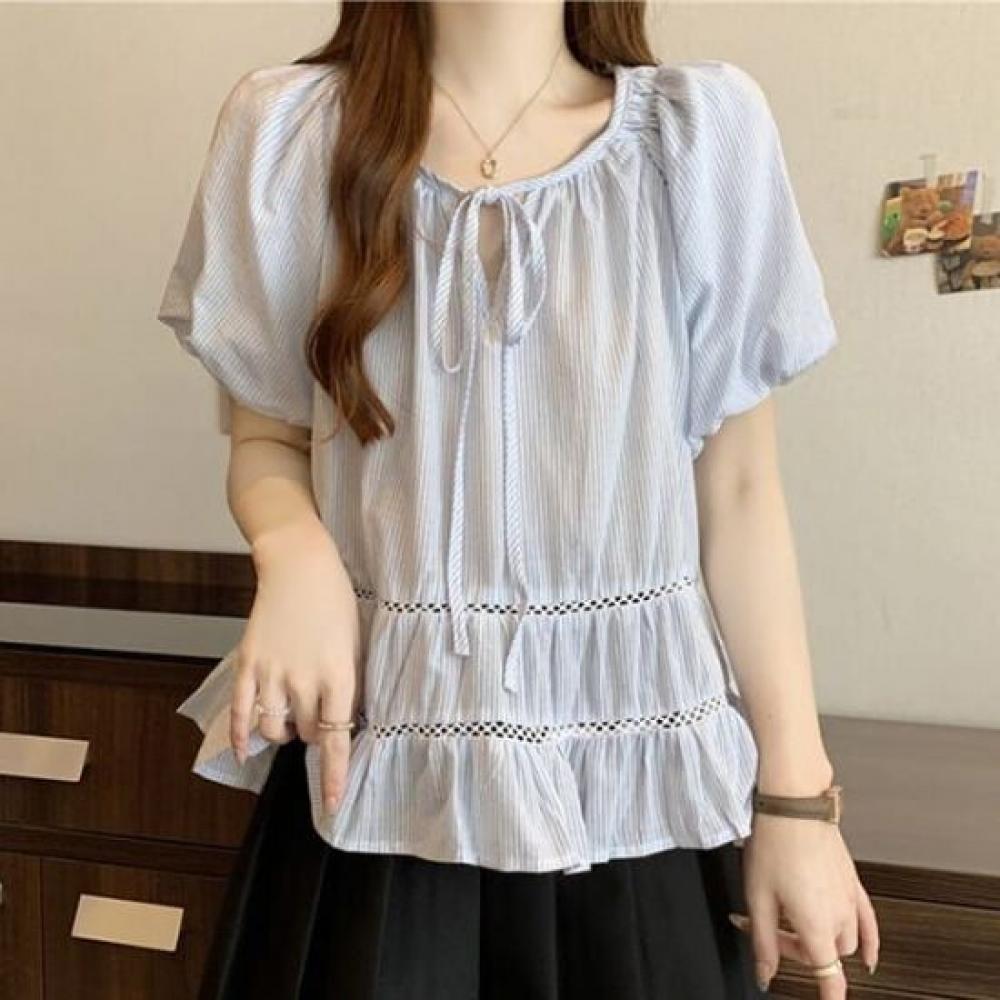 Navava Women Lovely Stripe Ribbon Neck Puff Short Sleeve Blouse Nb2639