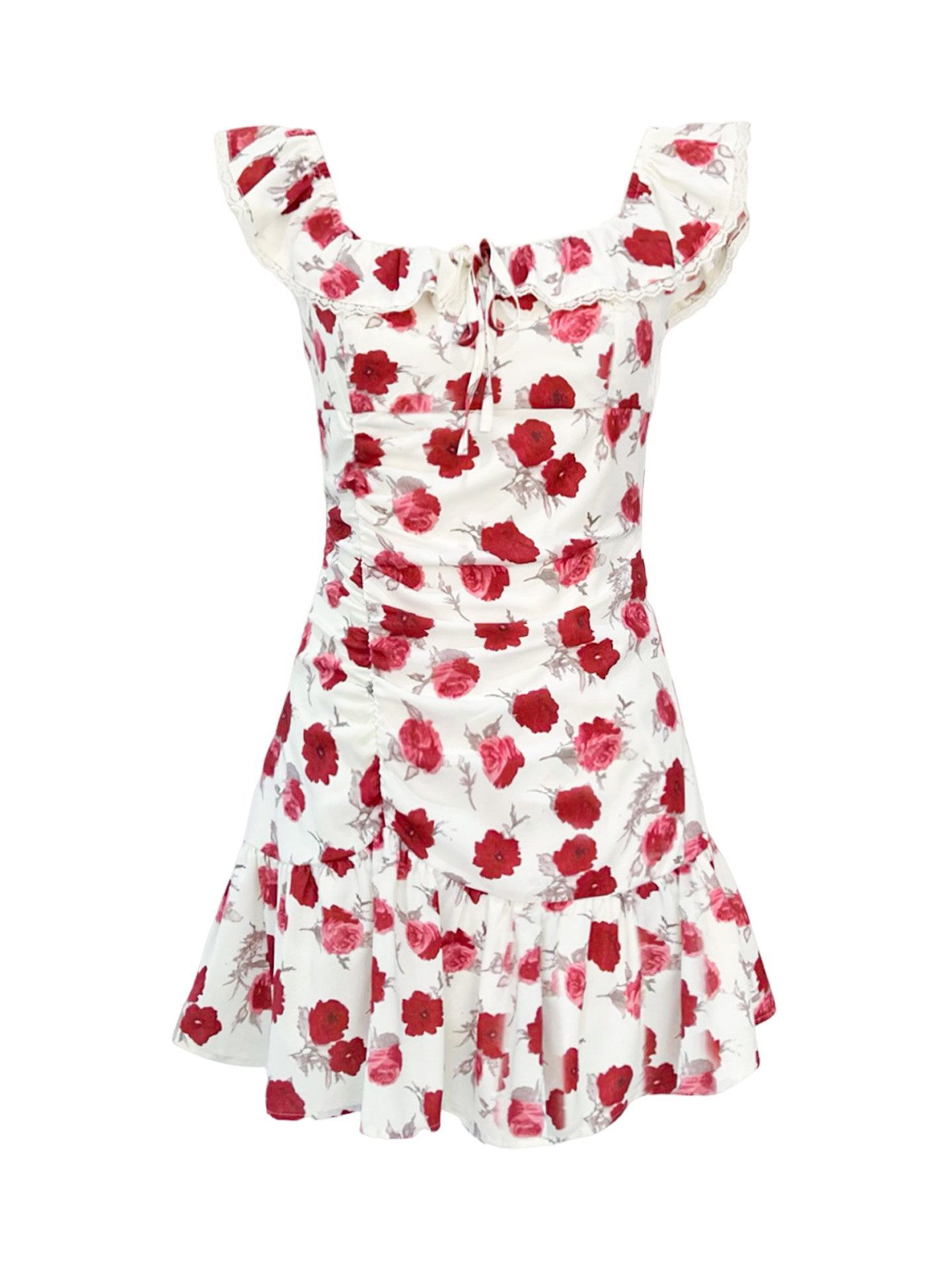 

Holiday white retro red floral print dress with waist, beautiful small flying sleeve skirt, beautiful waist pinching temperament short skirt XL