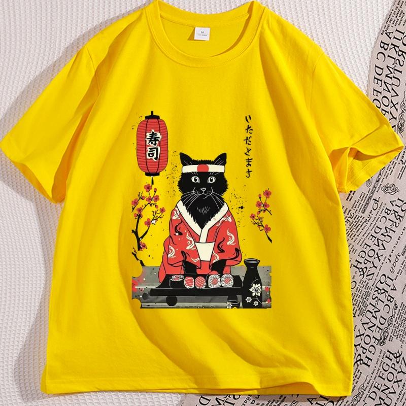 Japanese Sushi Cat Kitten Tshirt Men Women Manga Top Tee Retro Short Sleeve Oneck Cotton Tees Cat Printed Man Clothing Y2k