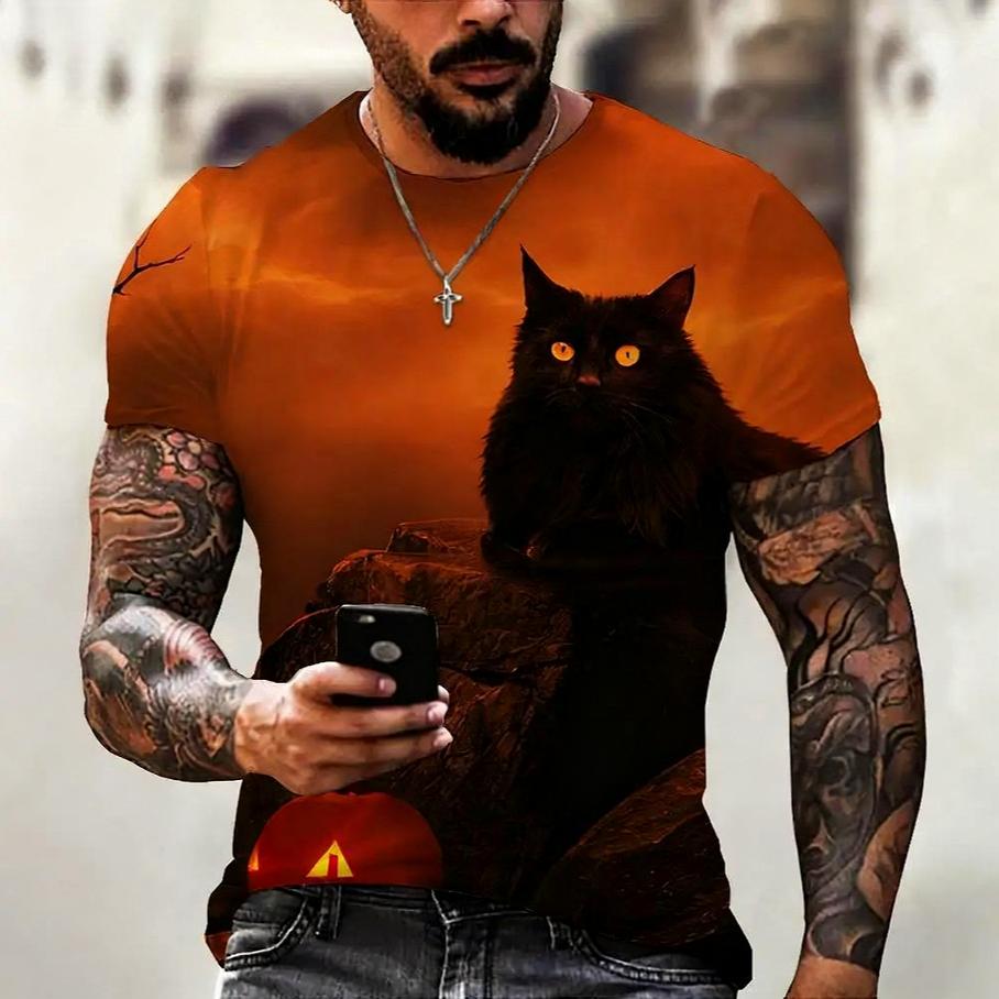 Summer Round Neck Animal Cat Pattern 3D Print Top Fashionable Casual Short Sleeved Men's T-shirts
