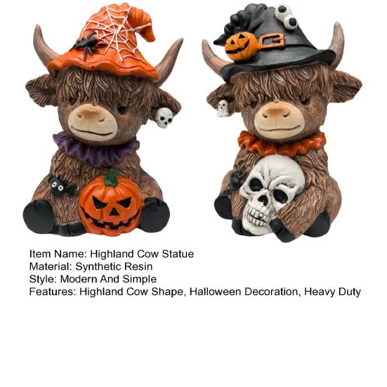 1/2Pcs Halloween Highland Cow Figurine Pumpkin Skull Highland Cattle Statue