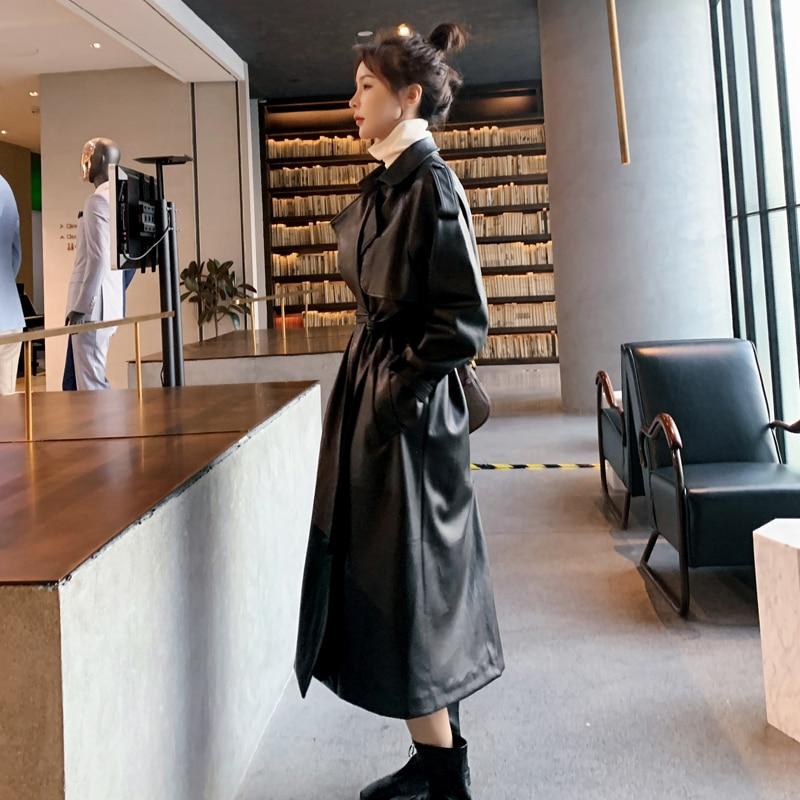 New Women's Long PU Leather Trench Coat with Belt Lady Windbreaker Waterpoof Female Outerwear Spring Autumn Black