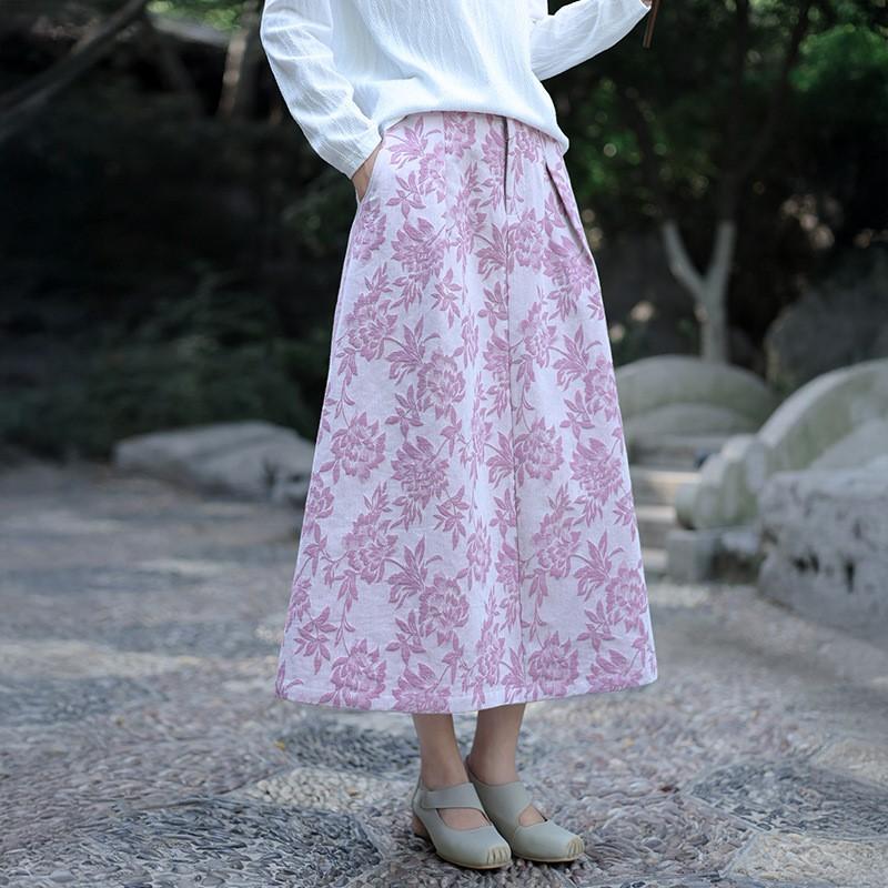 

Johnature Women Vintage Jacquard Skirts Button Fly Floral Autumn Pockets Chinese Style A-Line Skirts M розовый