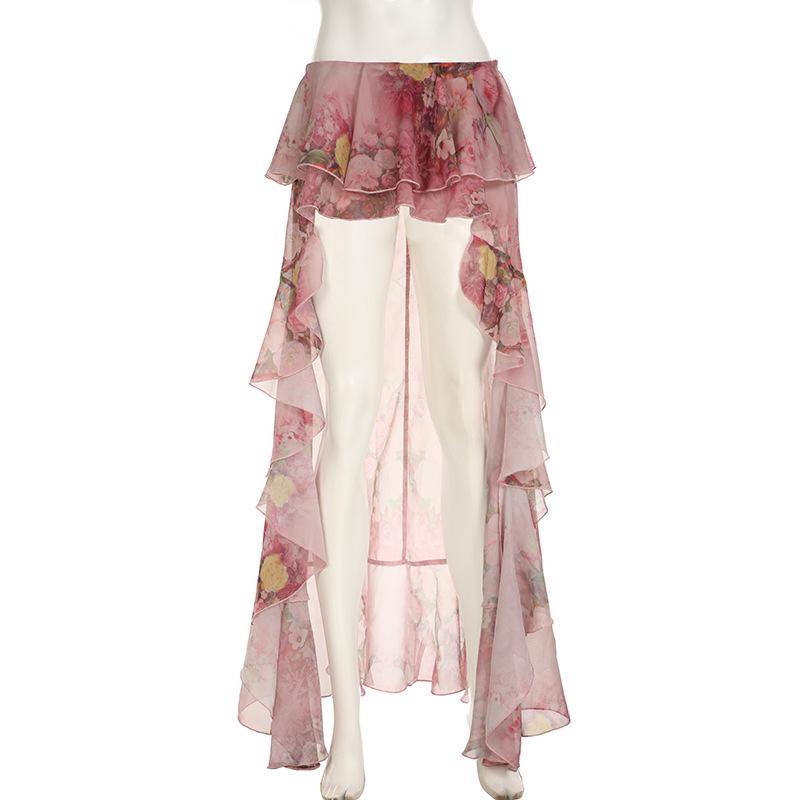 European Style 2024 Floral Print Irregular Maxi Skirt with Double-Layer Ruffles