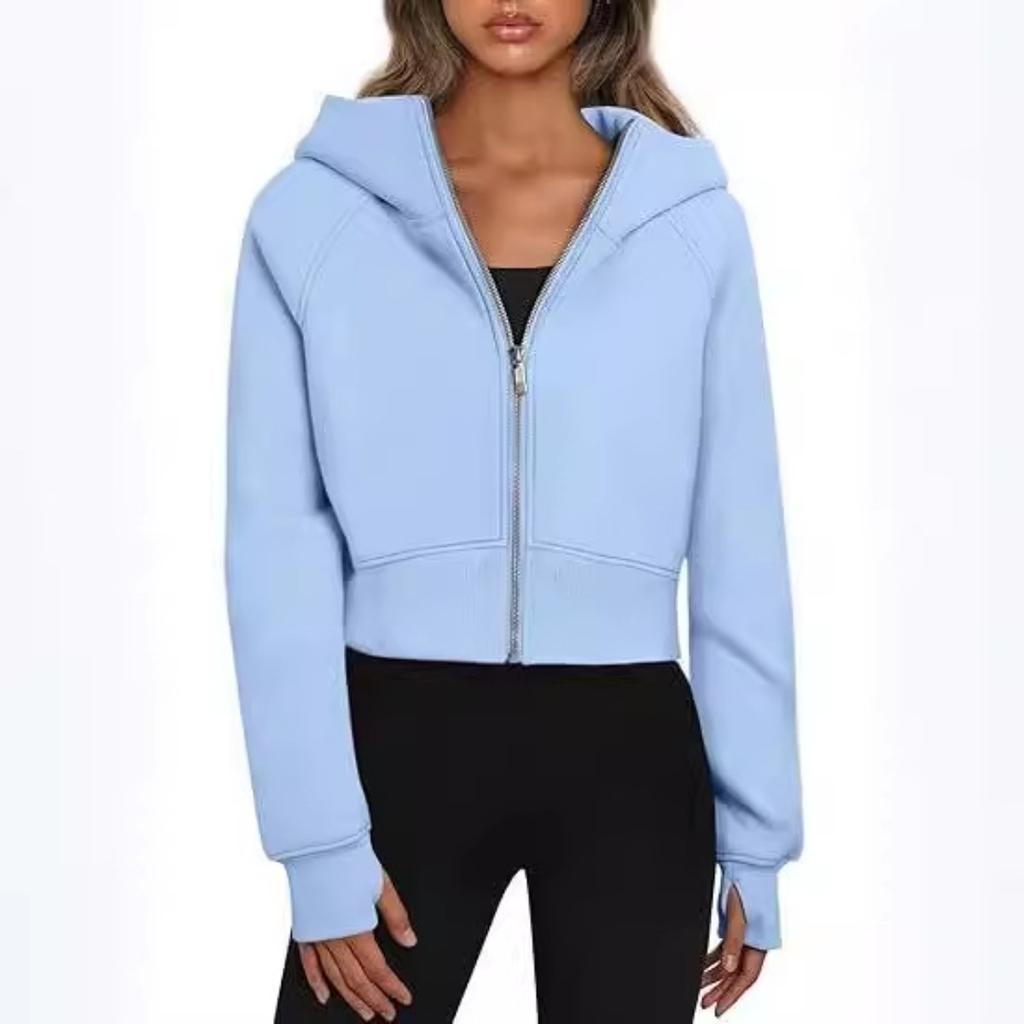 Women's Fleece Lined Hooded Zip Up Cropped Casual Long Sleeve Sweatshirt, European American Style Casual Tops Leisure Trade