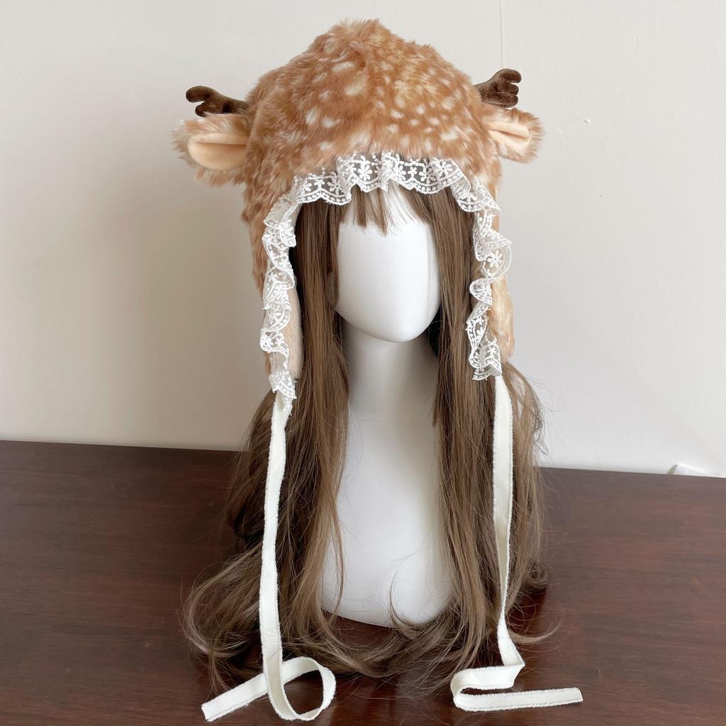 Japanese Style Women's Plush Realistic Cute Lace Reindeer Thickened Warm Ear Flap Lei Feng Hat
