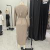 Elegant Women Maxi Dress Cross V Neck Folded Pleated Slit Puff Sleeves Irregular Long Sleeves