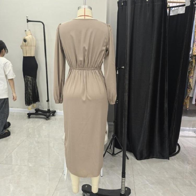 Elegant Women Maxi Dress Cross V Neck Folded Pleated Slit Puff Sleeves Irregular Long Sleeves