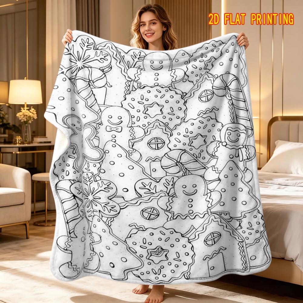 1pc Coloring Stress Relief Hand-Drawn Style Blanket - Christmas Gingerbread Theme Flannel Blanket, Covered with Gingerbread Men, Gingerbread Houses, C