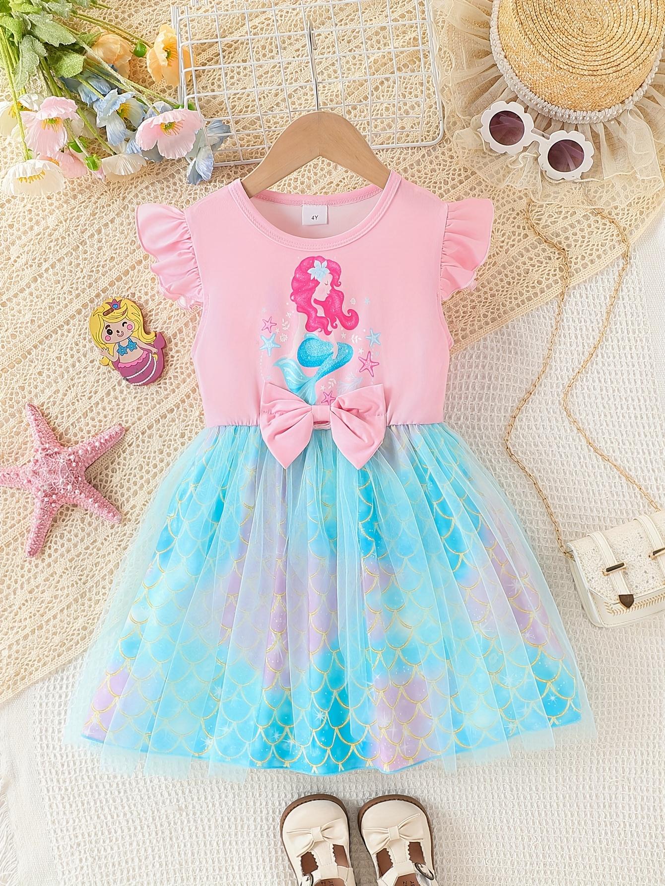 Summer Mermaid Dress for Girls 4-7 Years Fish Scale Print Mesh Flutter Sleeve Double Layer Waist Tie 4Y