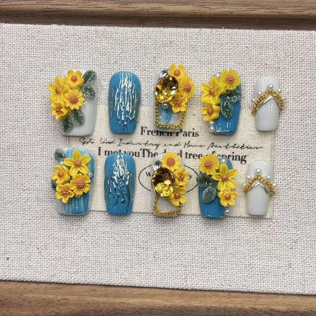 Square Press On Nails Almond Fake Nails French Tip False Nails with 3D Design Full Cover Acrylic Glue On Nails Artificial Stick On Nails for Women