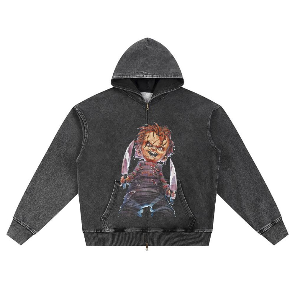 

DTG print Knitted Denim Zip-Up Hoodie CHUCKY Brother Print Zipper Hoodies S