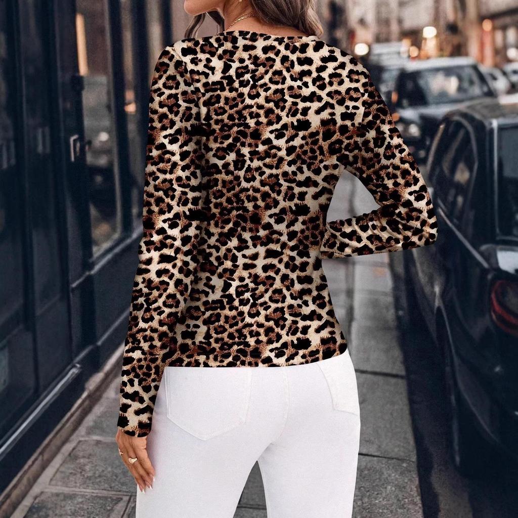 Leopard Print Button-Up Slim-Fit Casual Long-Sleeve Women's T-shirt for Spring & Autumn