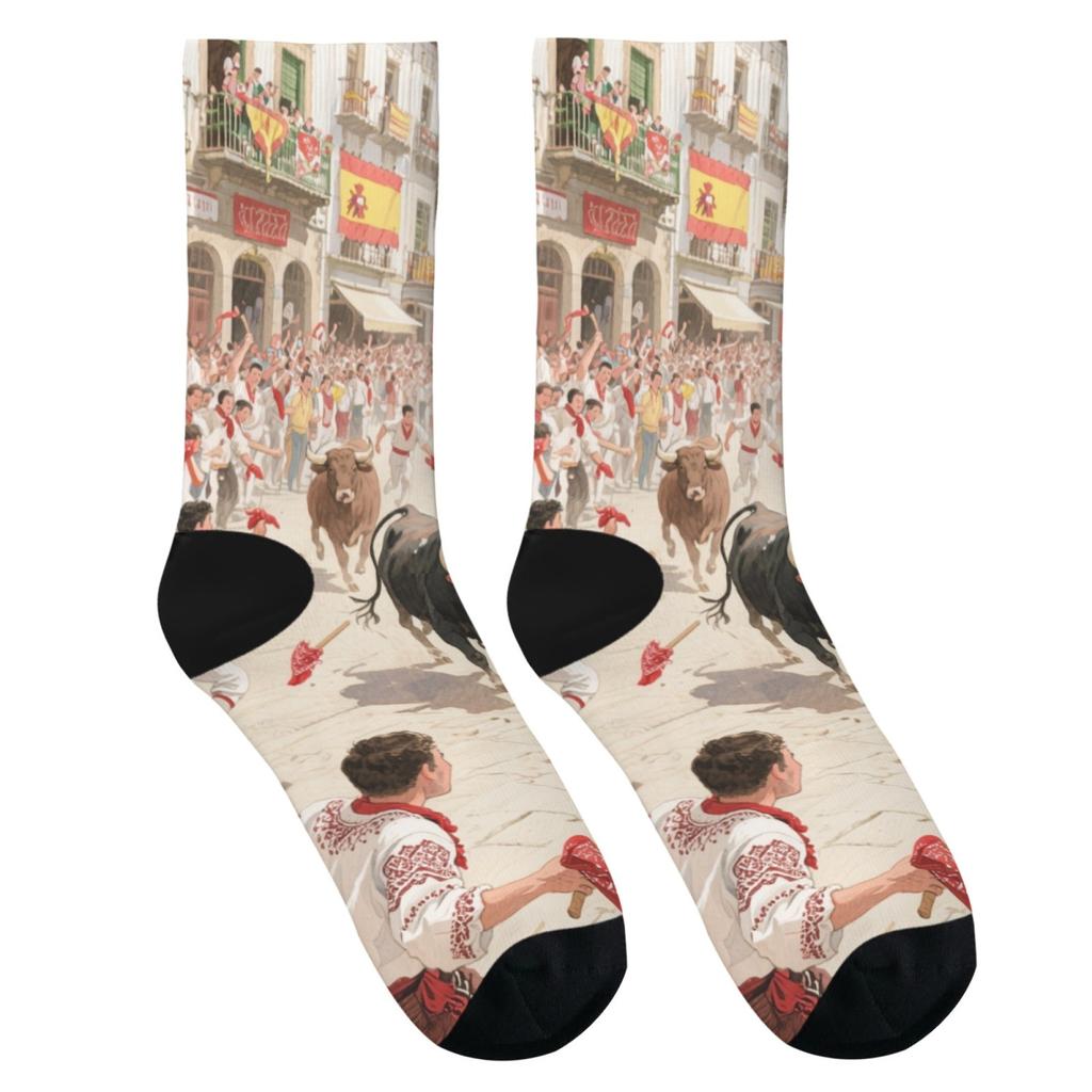 Spanish Cartoon Bull-running Festival Print Unisex Soft Skin-friendly Breathable Harajuku Style Daily Socks Hip-hop Novelty Gift