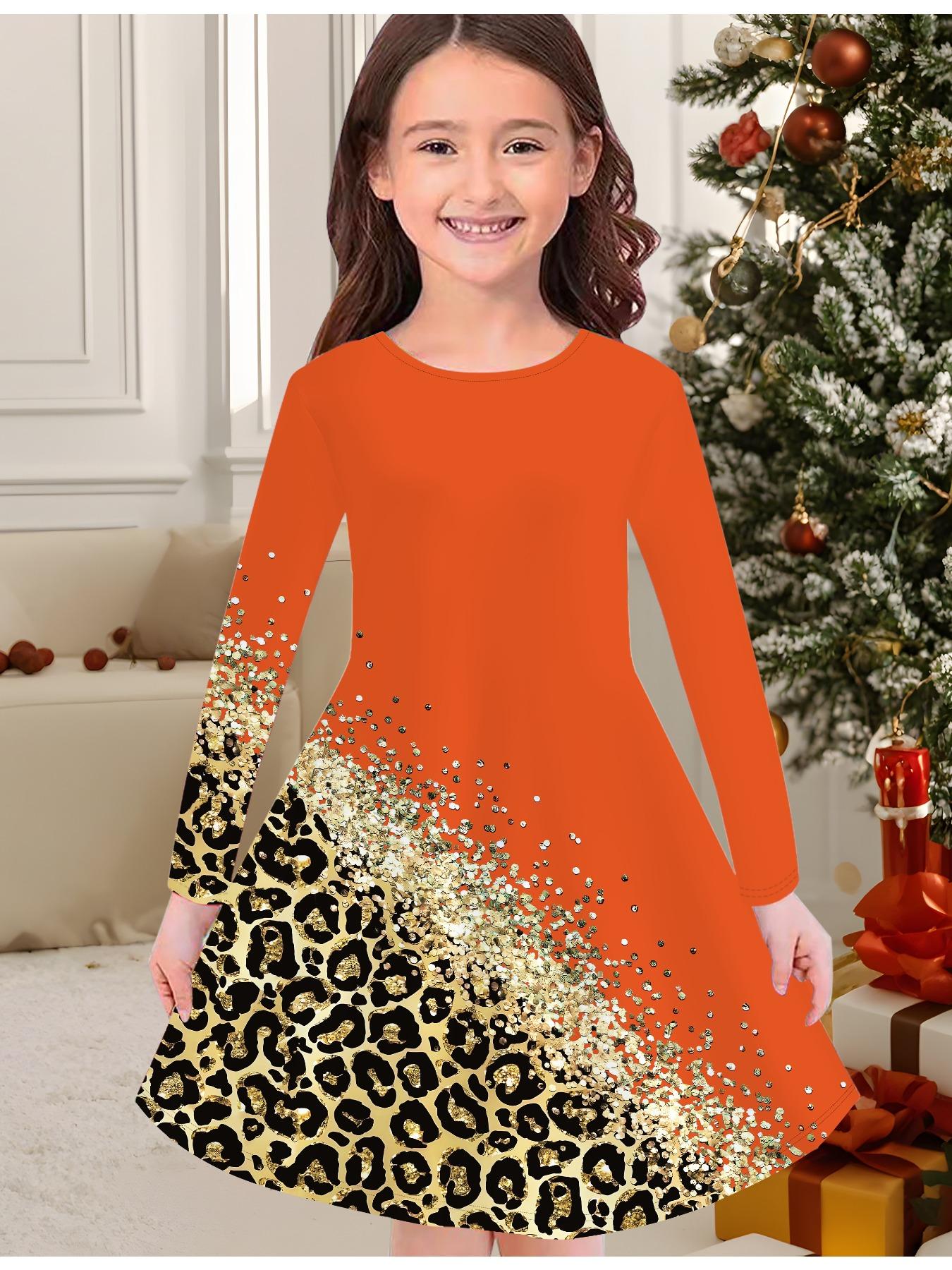

Модное осенне-зимнее платье для девочек, 3D принт с леопардовым принтом, круглый вырез, длинное детское платье-футболка, повседневное универсальное, рождественская одежда 170 оранжевый