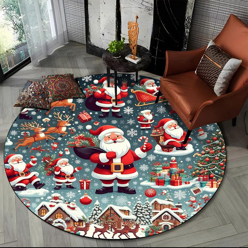 Cartoon Weihnachtsmann Frohe Weihnachten Schneemann Neujahr Runder Teppich für Schlafzimmer Wohnzimmer Sofadekoration, Dekor Bodenteppich