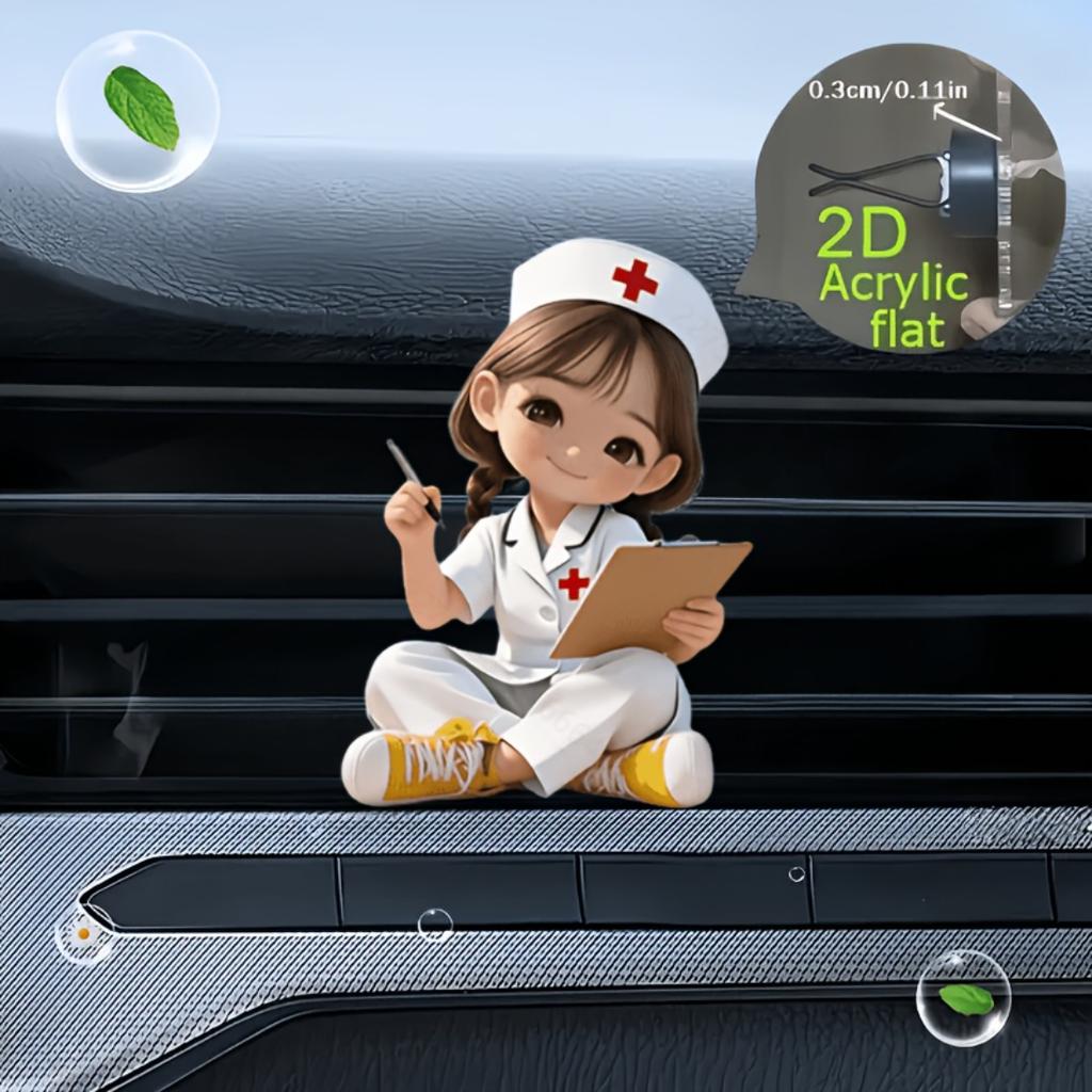 2D Flat Acrylic Nurse Girl Writing Note Unscented Car Vent Diffuser Clip With Dual Unscented Sponge Pads Car Accessory