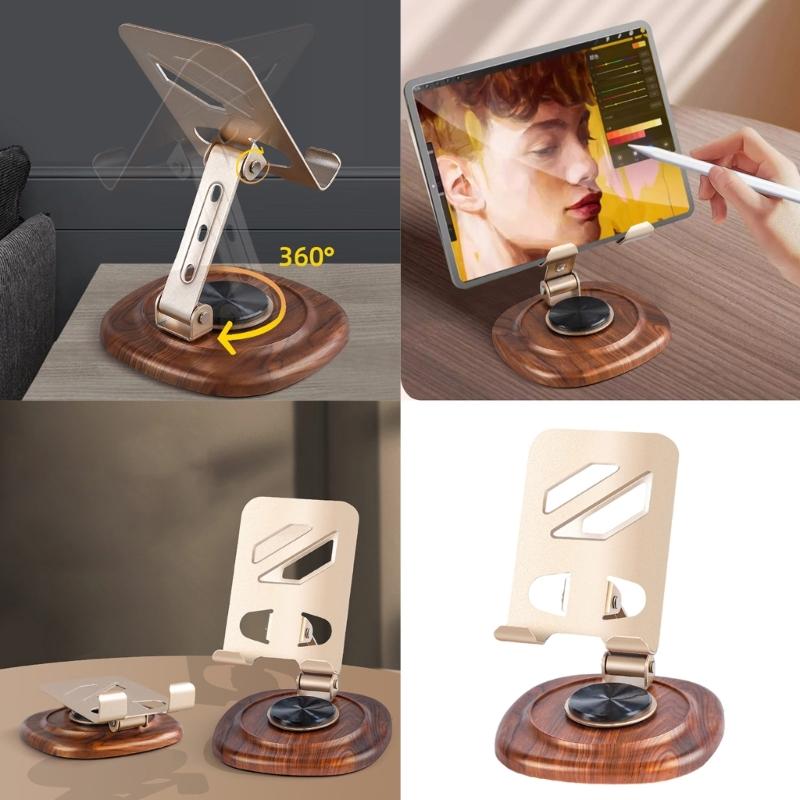 Support de téléphone en métal Support Rotation à 360 degrés Ergonomique Pliable Portable Base en bois de noyer Port de chargement inclus