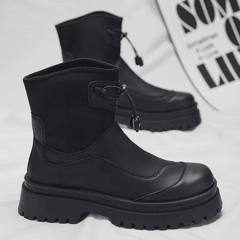 Men's Winter Fashion Waterproof Non-Slip High-Top Leather Boots with Thick Soles and Height Increase