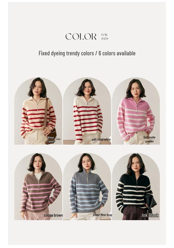 2026 Autumn Winter Women's Cashmere Half-High Collar Zipper Striped Knit Sweater