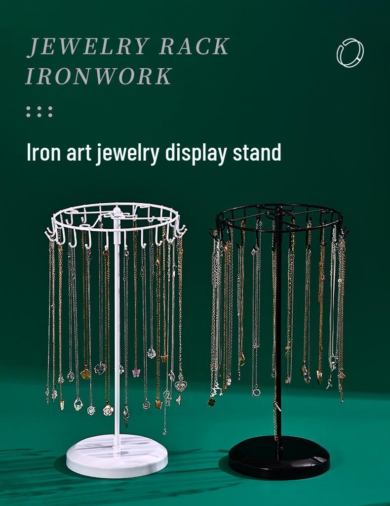 Rotating Jewelry Display Stand: 23-Hook Wrought Iron Rack for Necklaces and Bracelets, Detachable Board for Market Stall.