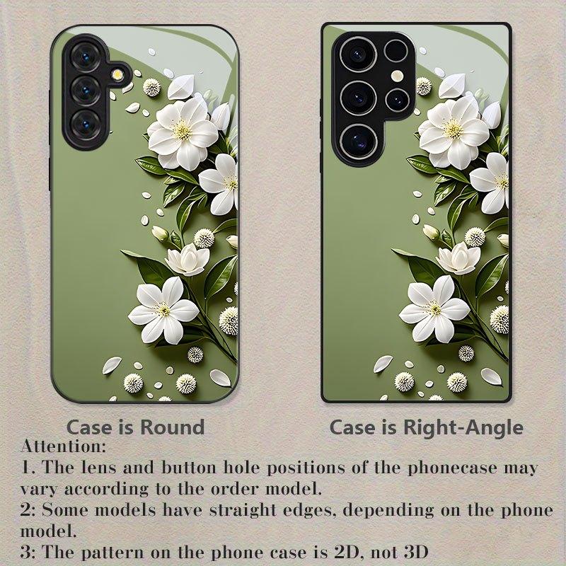 White Flower Pattern Glass Phone Case Suitable for Samsung Galaxy S26 S25 S24 S23 S22 S20 FE/Ultra/Plus Dustproof and Shockproof