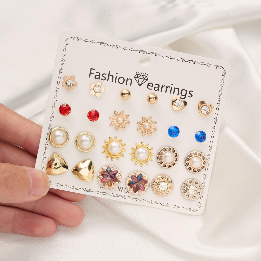 12 Pairs/Lot Heart Flower Earrings Set For Women Rhinestone Simulated Pearl Sun Star Stud Earrings Girls Party Jewelry Wholesale