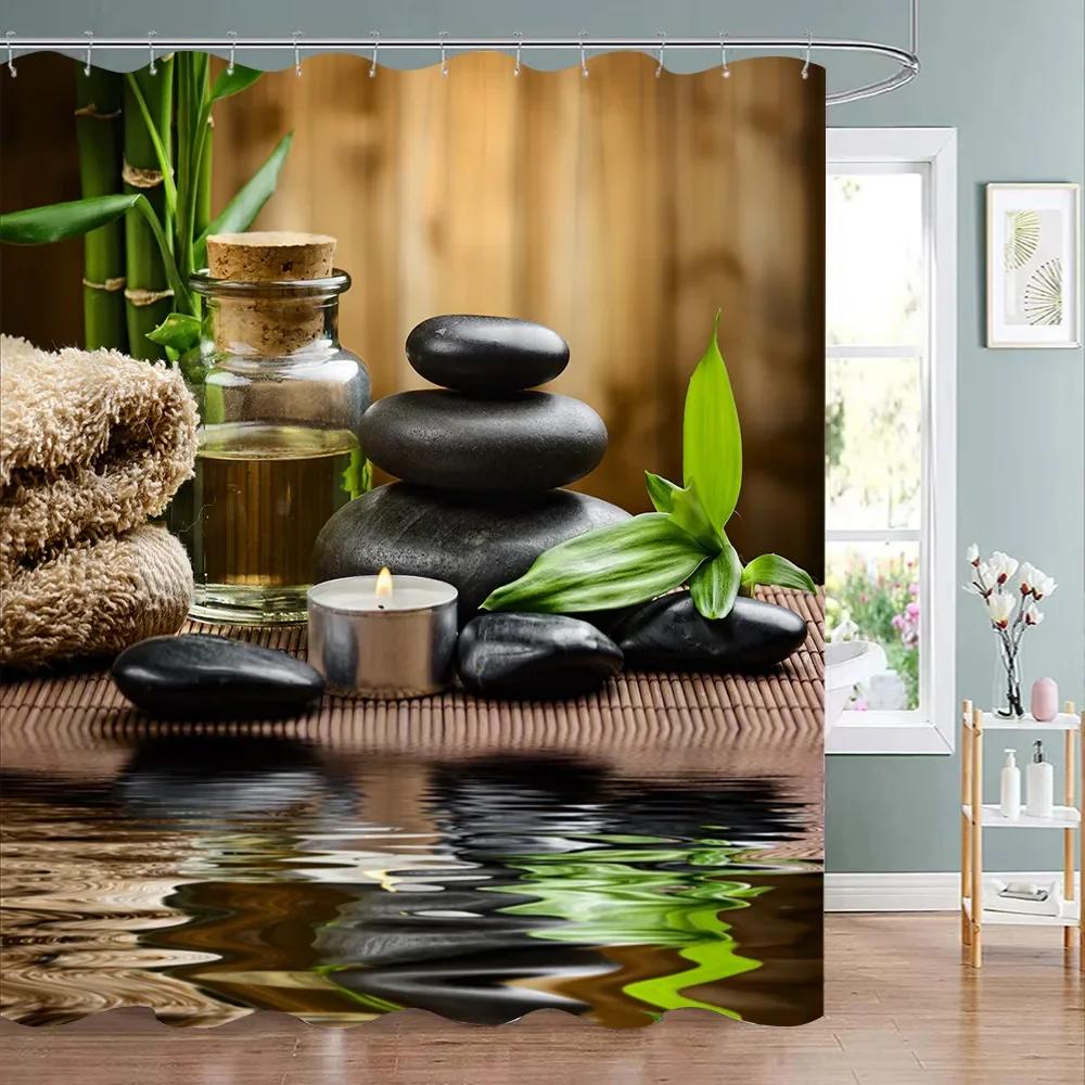 Tenda Doccia Zen Paesaggio di Loto Tenda Doccia Meditazione Pietre Zen Bambù Verde Fiore Pianta Tende Doccia Arredo Bagno