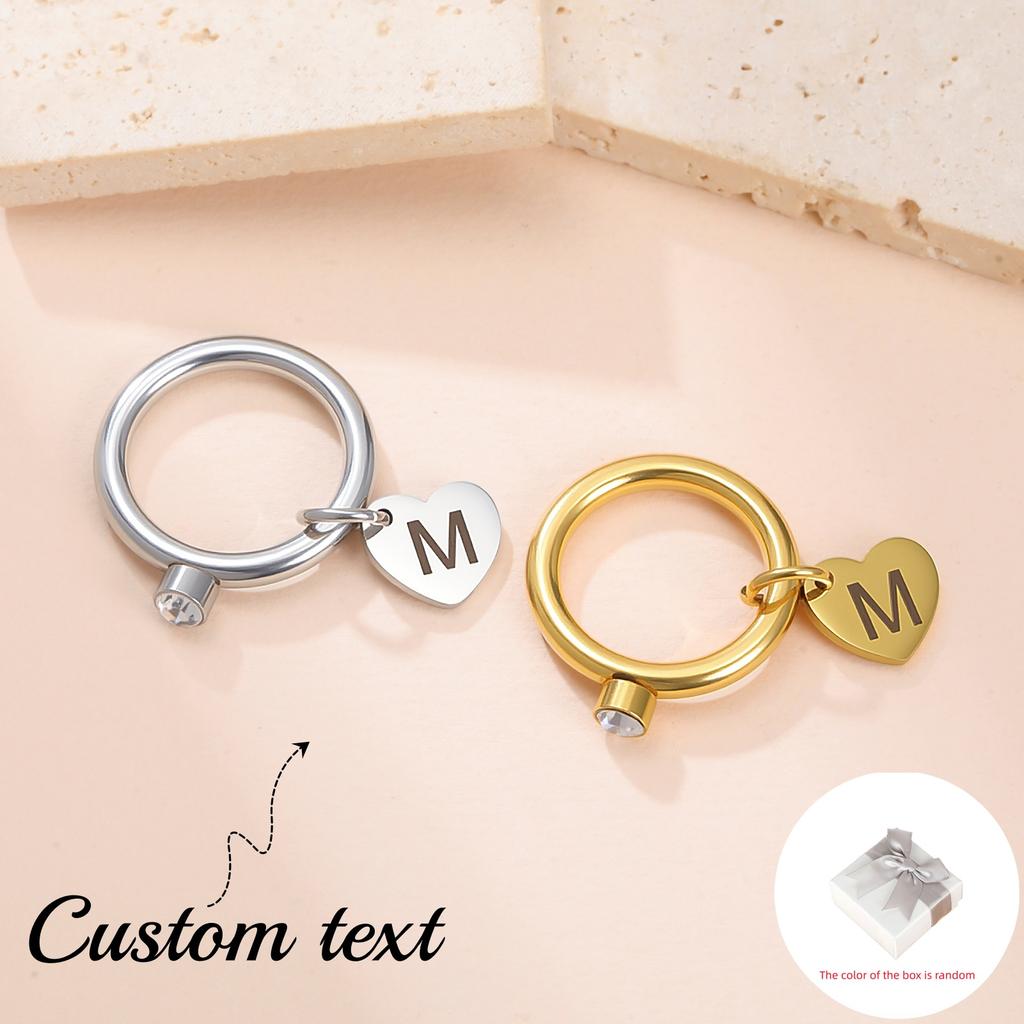 Customized A-Z Initial Love Pendant Ring Stainless Steel Personalized Letter Number and Symbol Heart shaped Water Diamond Ring
