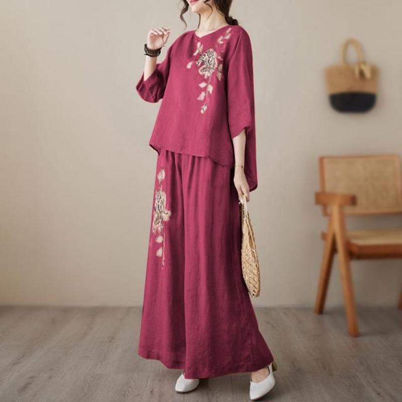 

Ретро вишитий костюм, літня модна сорочка, легкі штани-кльош, стрункий двокомпонентний набір Mom s M вина червоного кольору