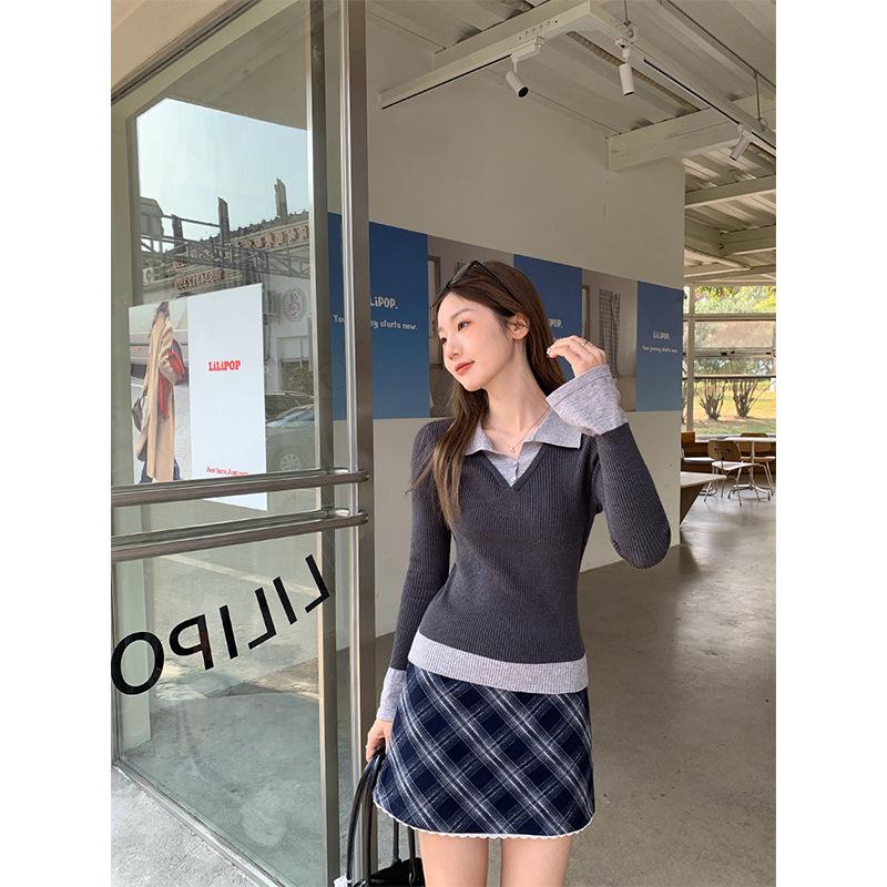 New contrasting color fake two-piece knitted bottoming shirt women's spring wear with Polo collar horn long-sleeved temperament sweater top