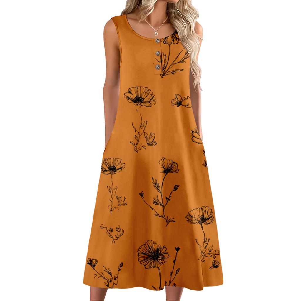 Women's Fashion Casual Sleeveless Button Floral Print Dress with Pocket