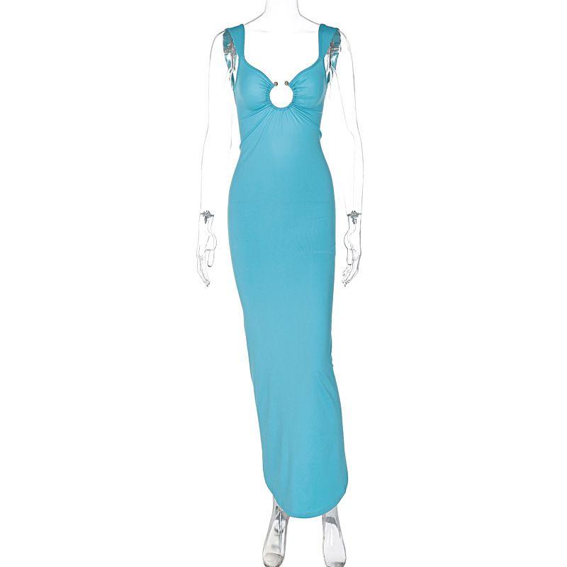 2024 Western Style Ring Buckle Hollow Out Low Cut Sling Over the Knee Long Dress Sexy Gyaru Backless Split Dress