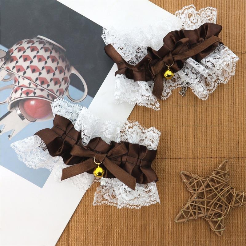 4Pcs Delicate Lace Trimmed Bows Charm Bracelet With Bells Decoration Anklet Gift for Halloween Prom Masquerades