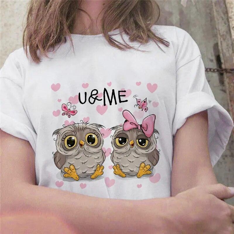 New Tops Trend Cute Owl Women Print Harajuku Ladies T-shirt Casual Basics O-collar Black White Shirt Short Sleeve Ladies T-shirt