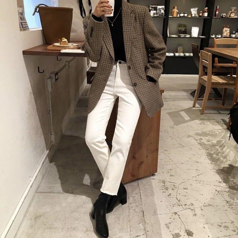 Korean Style Retro Plaid Wool Blazer - Houndstooth Long Sleeve, Thickened, Fall/Winter Collection.