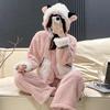 2025 Women's Flannel Bear Pajama Set: Hooded, Long-Sleeved, Long Pants, Three-Piece Home Wear
