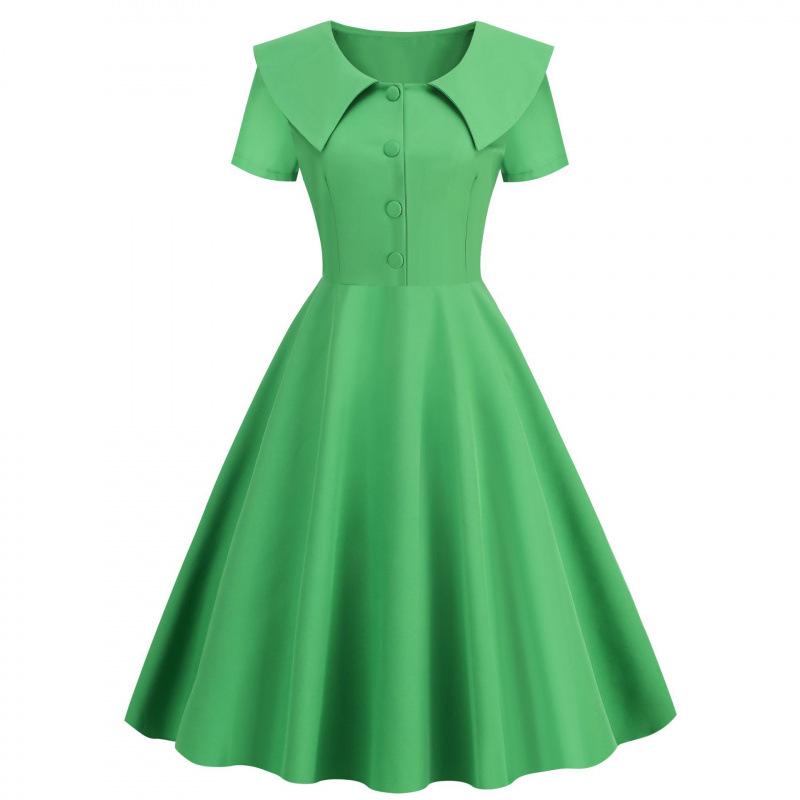 Vintage Solid Color Short Sleeve Button Casual Party Dress 2026