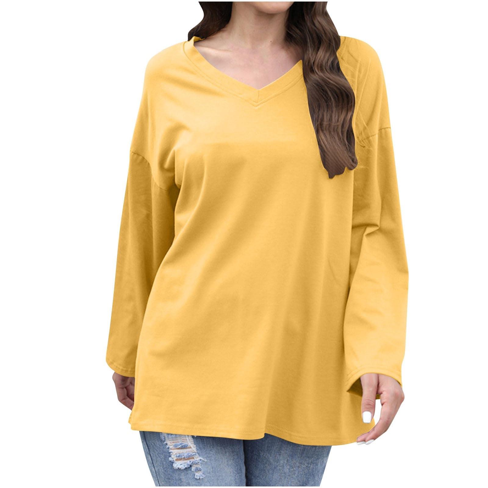 

Женская модная футболка свободного кроя с круглым вырезом, однотонный повседневный топ с длинным рукавом XL жёлтый