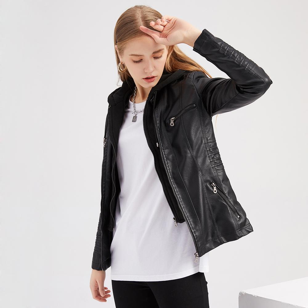 thumbnail image 2 of Women's Removable Hooded Faux Leather Motorcycle Jacket - Zipper Biker Jacket For Spring/Fall 2 of 13