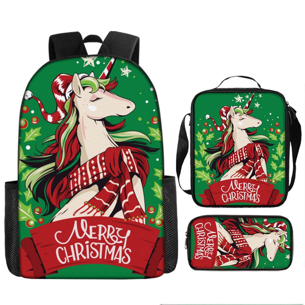 Santa Claus Christmas Tree Backpack Elementary School Bag Large Capacity Leisure Bag Lunch Bag Pencil Bag Three-piece Set