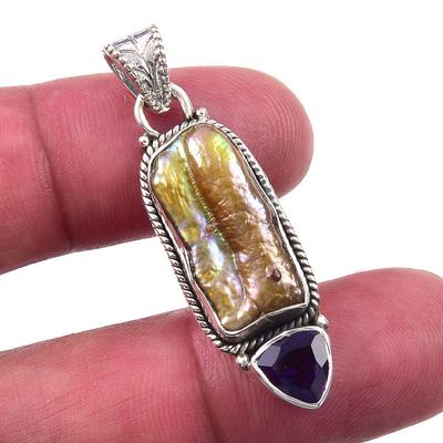 Perle de Biwa Naturelle, Améthyste Africaine Argent Sterling Massif 925 Pendentif 1,75" w5i27