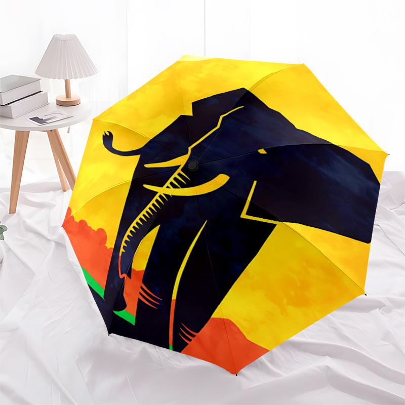 1PC Elephant Sunset Automatic Windproof Umbrella 8 Rib Portable Folding Black Iron Frame for Outdoor, Beach, Travel, Beach Umbrella,S16