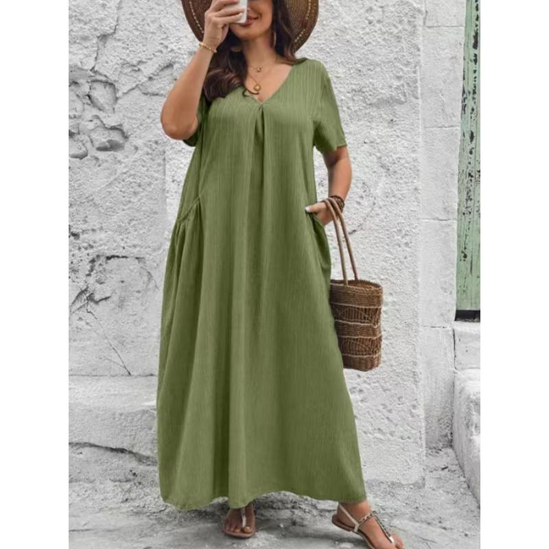 Plus Size Women V Neck Short Sleeve Loose A Line Long Dress With Pockets