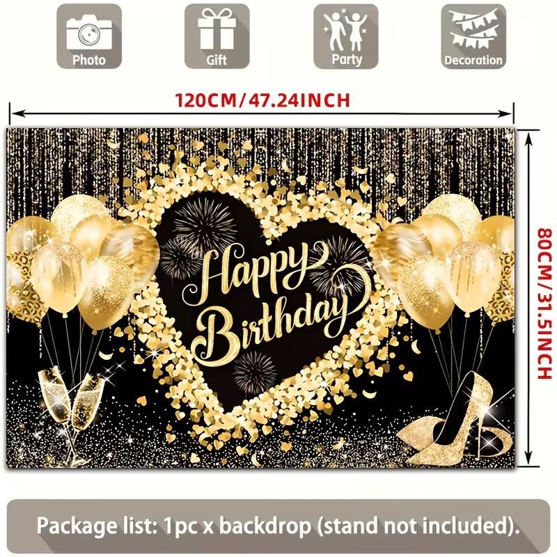 2D Black Gold Heart Happy Birthday Party Decoration Background Banner